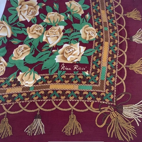 NINA RICCI PARIS 100% SILK Brown Roses & Tassel Design Hand Rolled Hem - Picture 1 of 9